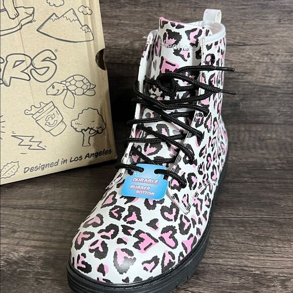 Skechers Big Girls Size 5 White & Pink Leopard Print Zip & Lace Up Moto Boot NEW - Picture 3 of 9
